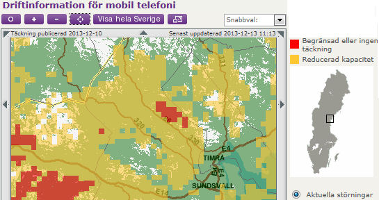 Aktuella störningar i Telias mobilnät.