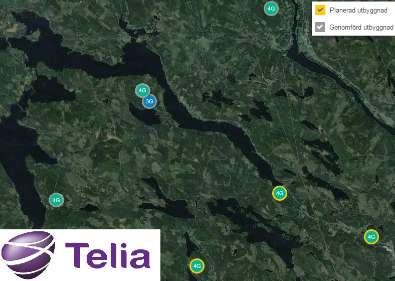 Telia kaart van die uitbreiding van die selfoon maste in Holm.